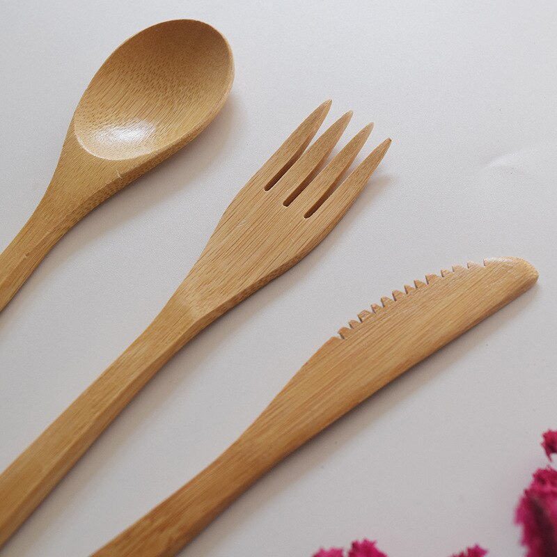 Miljøvenlig japansk stil træ bambus træ bestik sæt gaffel cutter skære genanvendeligt køkken værktøj med taske nyttige