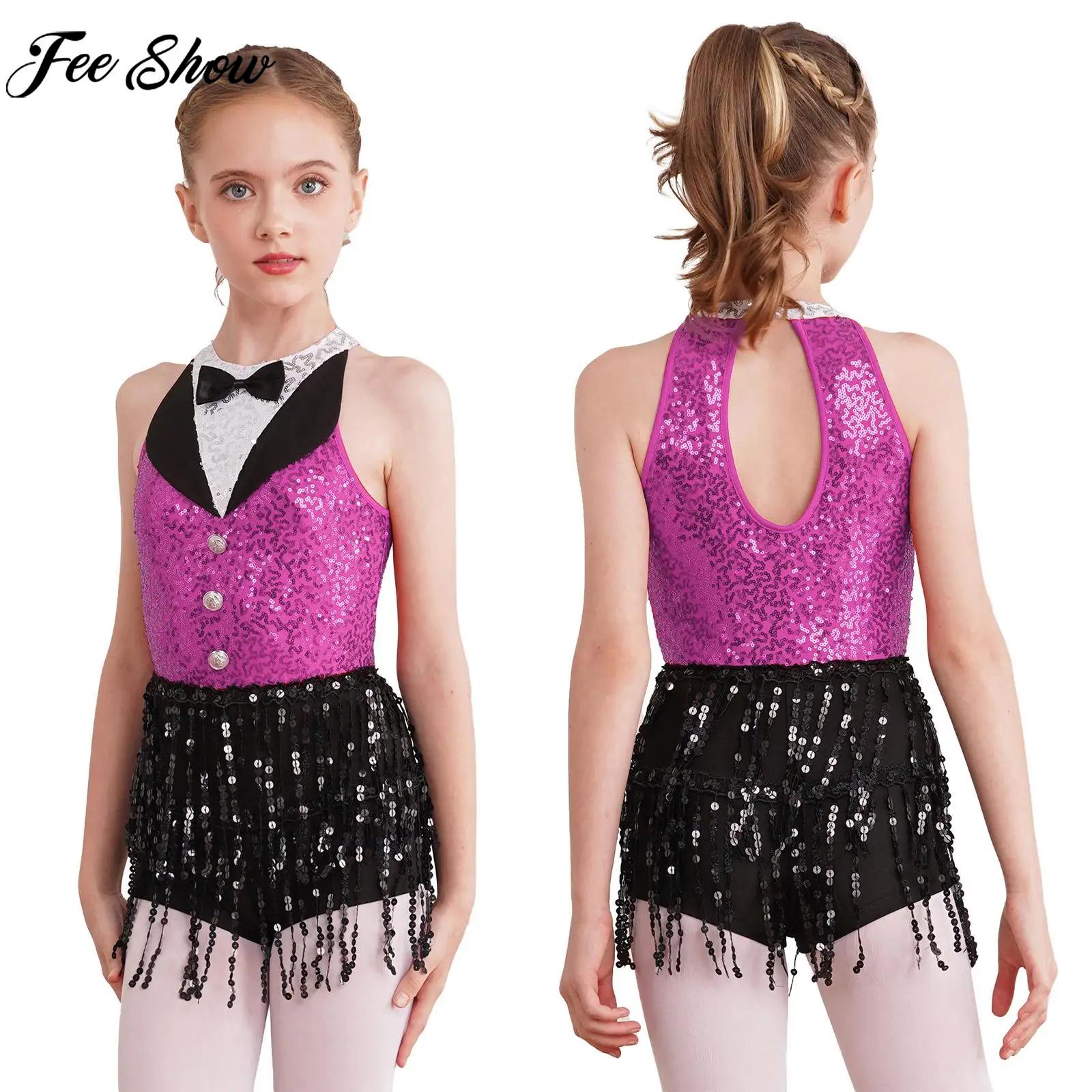 Children Girls Latin Jazz Dance Cha-cha Samba Stage Performance Costume Sleeveless Shiny Sequin Tassel Boyshorts Dress Dancewear