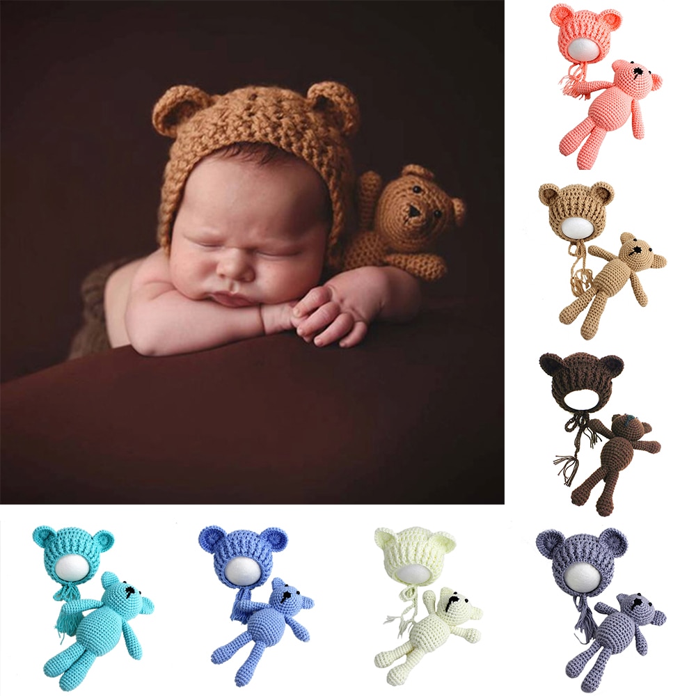 Pasgeboren Baby Hoeden Fotografie Props Meisjes Jongens Haak Knit Kostuums Met Oor Speelgoed + Hoeden 2 Stuks Leuke Cadeaus Voor baby