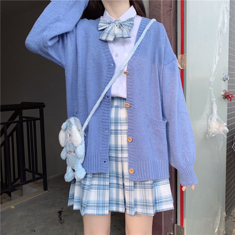 Japonés estilo universitario JK uniforme abrigo suéter chica dulce con cuello en V de la mediados de-longitud con cuello en V ropa chaqueta de chica de la escuela: Azul