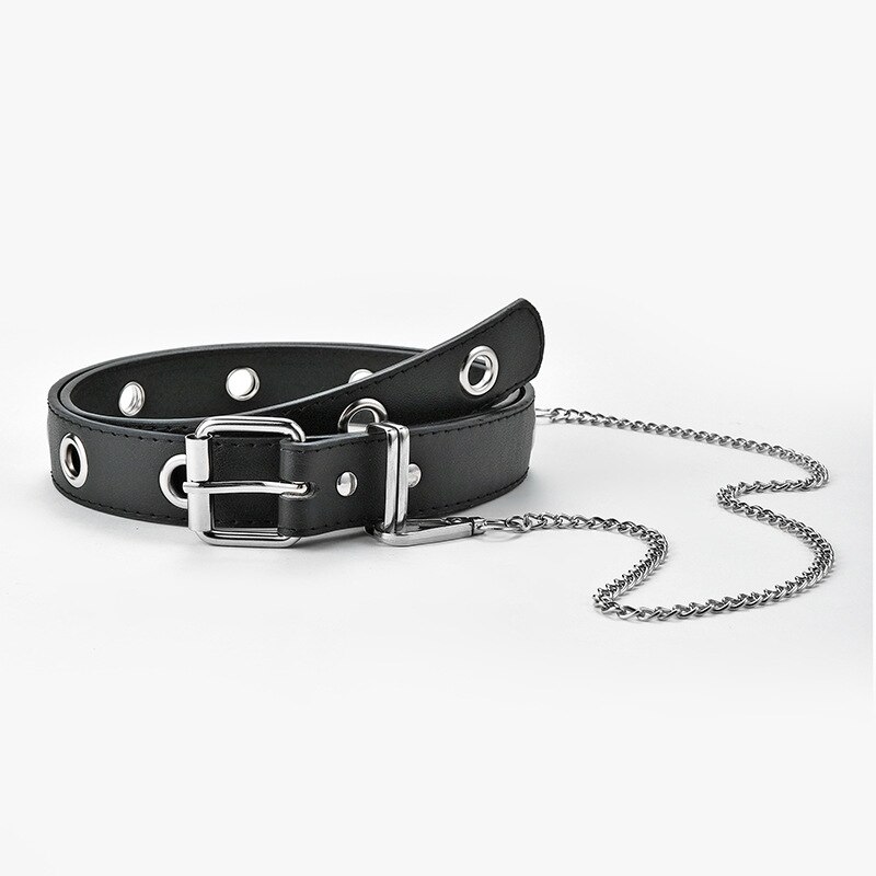 Cinturón de cintura estilo Rock para mujer, cinturón con hebilla de aleación de cuero de PU, pantalones vaqueros Punk de viento, cinturones de cadena decorativos a la: 105cm with chain