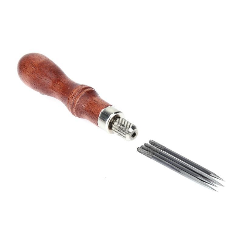 4 In 1 Leather Tools Sewing Needles Diy Wood Handle Lacing Scratch Leather Stitching Awl Scratch Awl Canvas Leather C