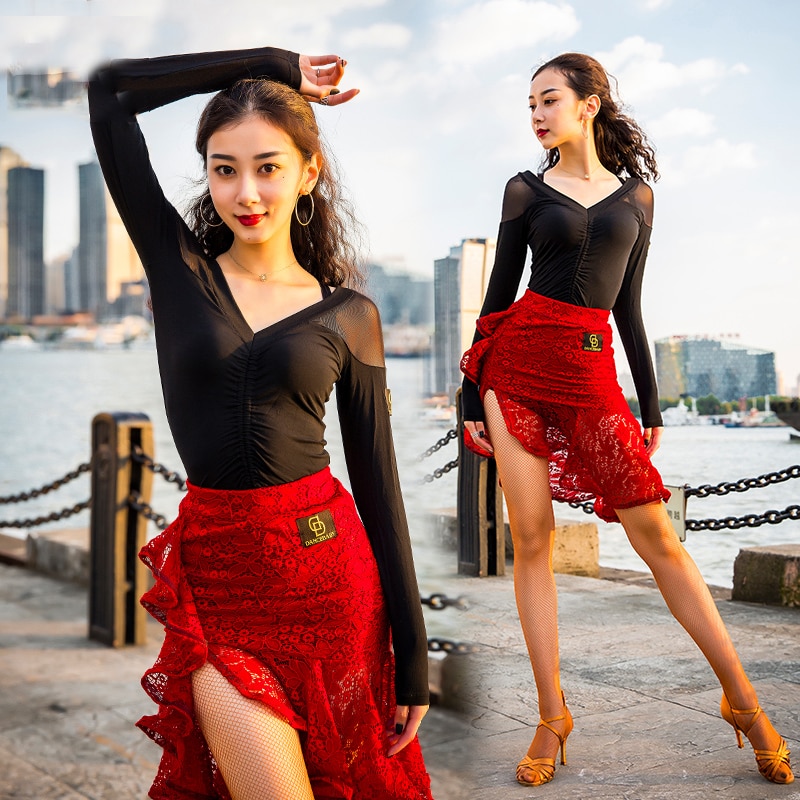 Chemise de danse Standard à manches longues, haut Latin noir et rouge, confortable à porter pour la pratique de la danse, pour salle de bal latine haut de danse, L2861