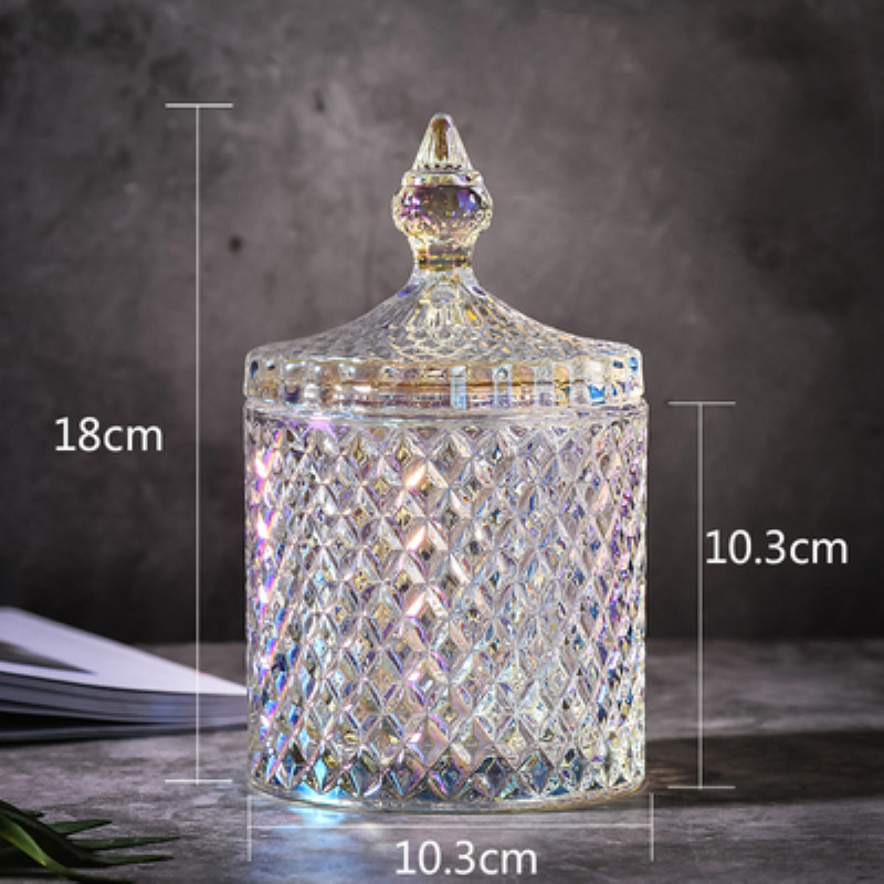 Bocal de stockage en verre cristal de couleur européenne de 600ML, bocal à sucre en diamant, pour coton-tige, tampons de coton, bocaux de stockage ménagers: Rainbow L