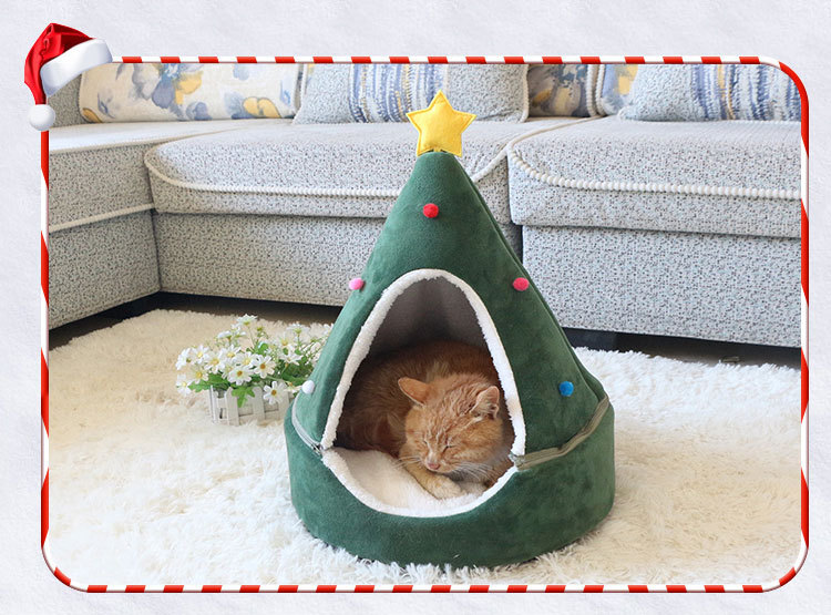 Julehund katteseng hus juletræ form kæledyr kat hus hjem varm soveseng år indretning hund kat blød varm rede seng: C / 43 x 43 x 50cm