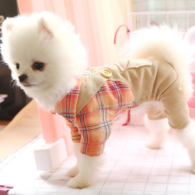 Spring Summer Dog Clothes four-legged Pink Lattice Suspenders Pet TeddyClothes Casual Button Suit XS S M L XL