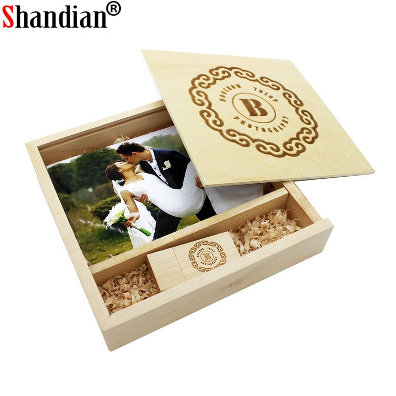 Shandian 1 stuks gratis logo walnoot foto uniek album hout usb + doos geheugenstick pendrive 8gb fotografie trouwstudio 170*170*35mm