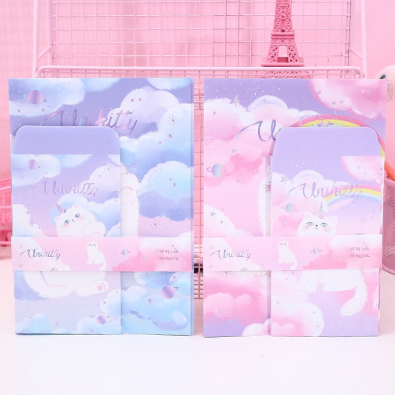 3 enveloppes + 6 lettres en papier, Kawaii, licorne chat, papeterie coréenne, fournitures scolaires et de bureau, enveloppe décorative de mariage