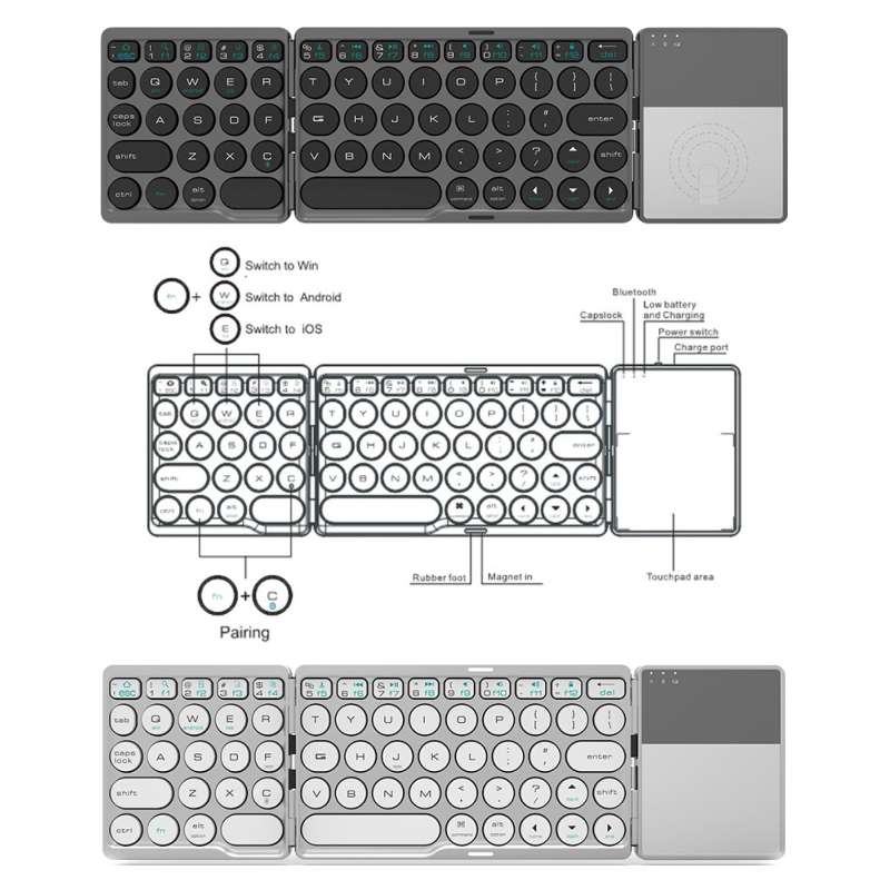 Teclados plegables inalámbricos con panel táctil, teclado Bluetooth para IOS, Android, Windows, ipad, teléfono, tableta, Mini Botón multifunción