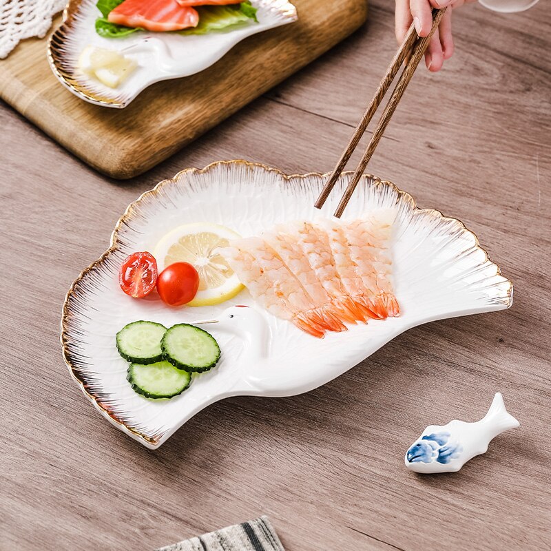 Ceramic Irregular Golden Crane Plate High-end Western Restaurant Steak Plate Sushi Sashimi Ceremony Tableware Kitchen Tableware