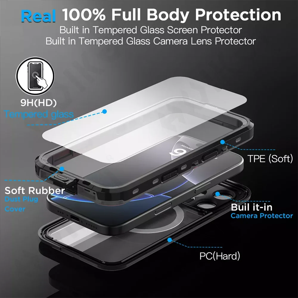 Funda de teléfono magnética a prueba de agua IP68, adecuada para IPhone 16, 15, 14 Pro Max, Pro, 13Pro Max, protección de cuerpo completo, funda de teléfono a prueba de polvo