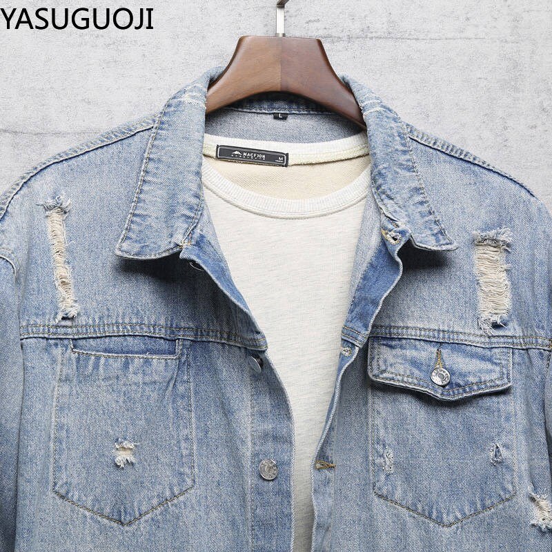 Yasuguji-chaqueta vaquera con estampado de alas para hombre, abrigo vaquero con agujeros rasgados, color azul claro, nueva prenda lavada,