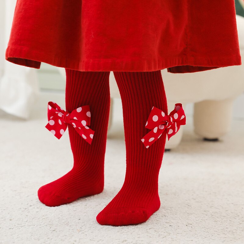 Infant Baby Christmas Ribbed Pantyhose, Girls Stretch Mid-Rise Tights with Bows Warm Stockings for Winter , 6Months-6Years