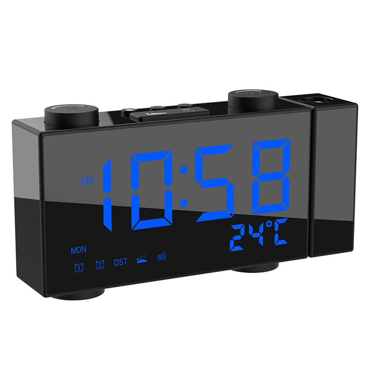 Digital Projection Alarm Clock 2 Alarm Dimmable Clock FM Radio Thermometer USB Charging Port Weather Calendar Time Projection: Blue