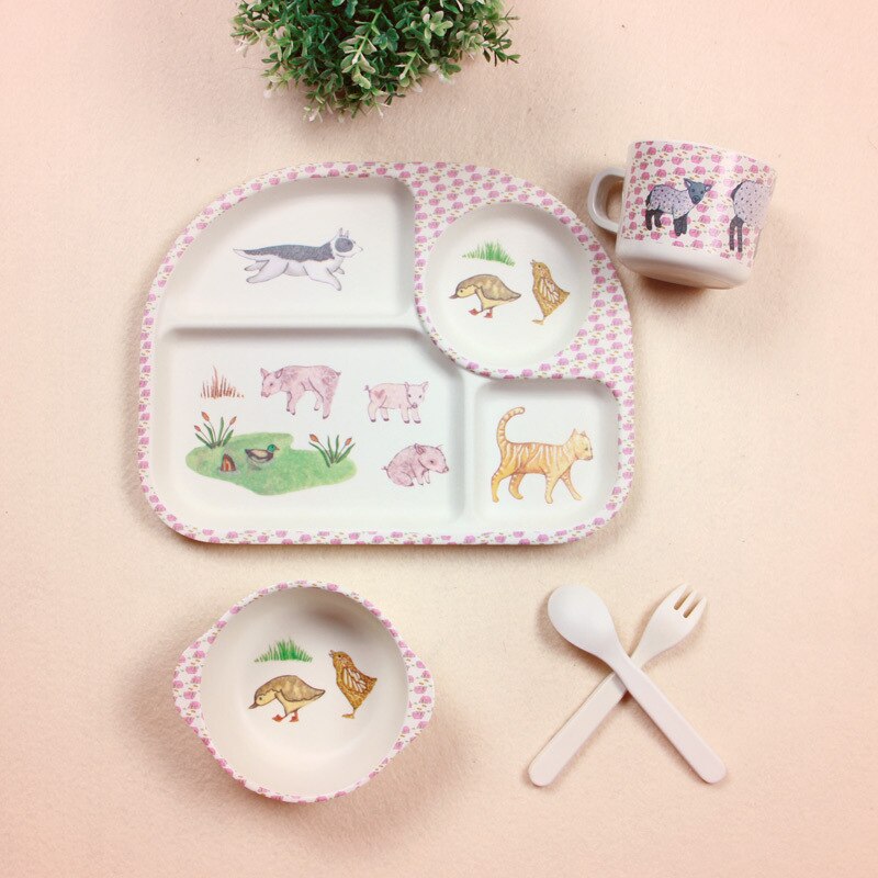 5 stuks babyservies van bamboevezel, babybord, kinderen, cartoon, scheidingsbord, kom, vork, lepel, beker, voedingsbenodigdheden: 009