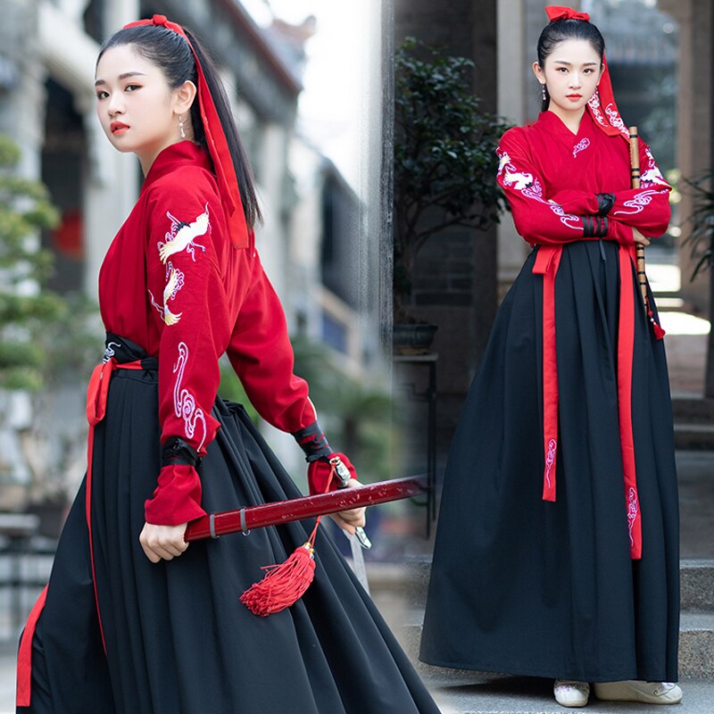 rouge Hanfu robe pour adultes femmes hommes ancien chevalier Errant Han dynastie Costumes Folk danse Cosplay héros scène Costumes