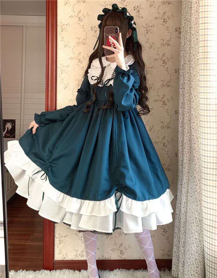 De manga larga de Lolita clásico vestido de Cosplay traje de algodón vestido JSK para niña rosa Borgoña oscuro verde vestido de Lolita