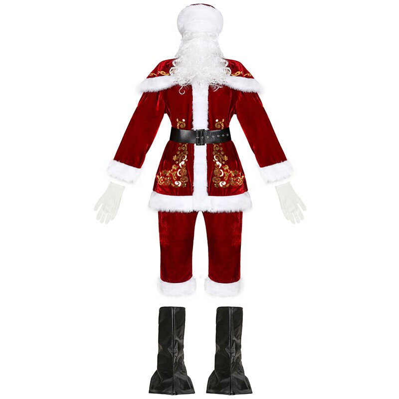 Costume de noël pour homme et femme, tenue Cosplay pour adulte, chapeau + veste + pantalon + barbe