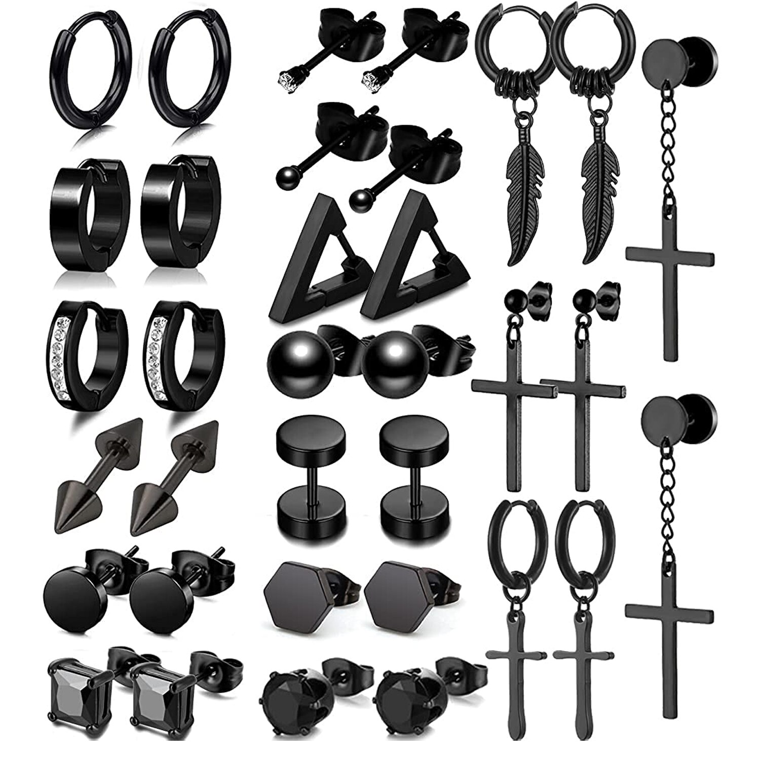1 Pair Black Stud Earrings Mens Earrings Stainless Steel Black Earrings for Men Women Jewelry Piercing Hoop Earrings Set