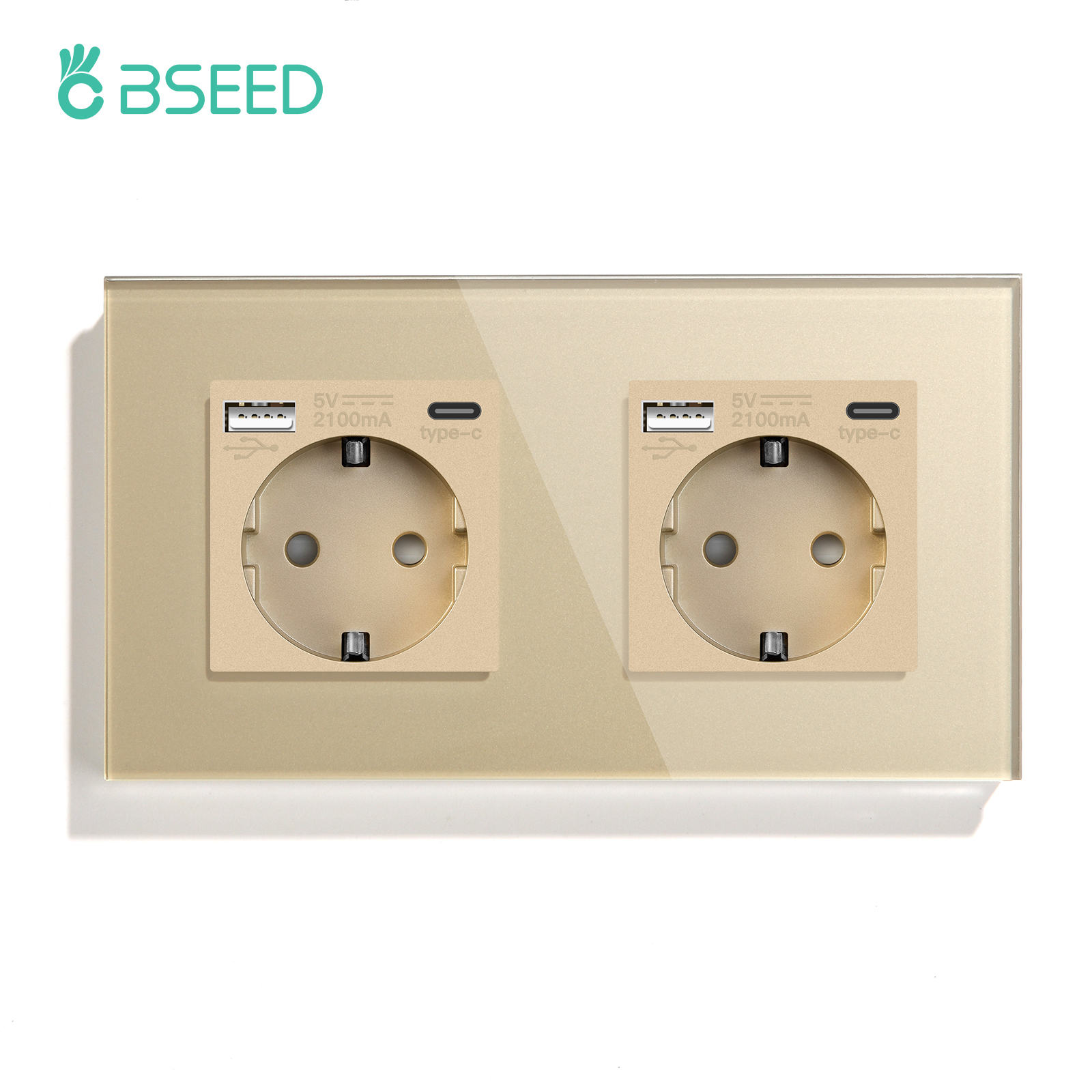 BSEED-Prise murale double standard UE, panneau en verre cristal, 3 couleurs, blanc, noir, doré, 16A, 110V-240V: type 1