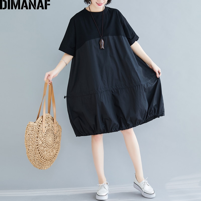DIMANAF-vestido holgado y plisado de algodón para mujer en tallas grandes, informal, negro, liso