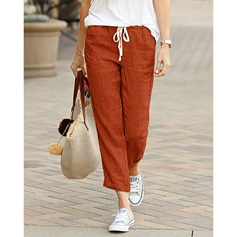 Casual Cotton Linen Pants Women Spring Summer Solid Color High Waist Elastic Ankle-Length Pants Female Pockets Harem Trousers: XXL / Orange
