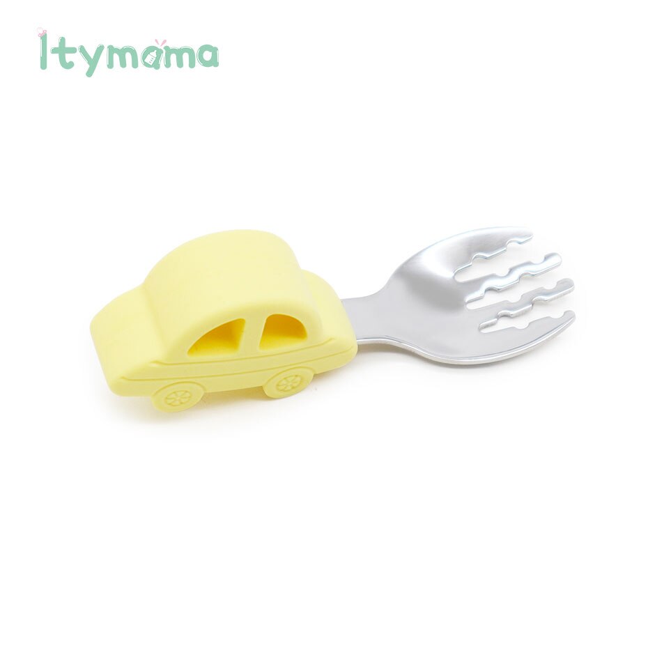 Baby matsked gaffel servis set rostfritt stål baby träning sked bil silikon handtag småbarn servis matningsverktyg: Gul gaffel