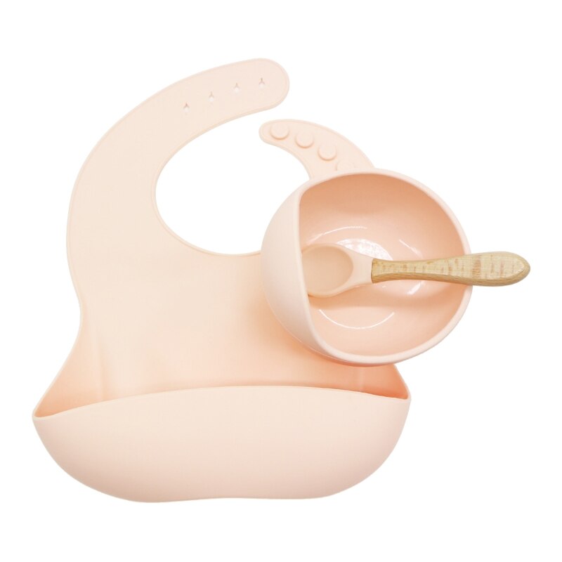 3 Pcs Baby Newborn Bibs+Suction Dish Bowl Plate+Spoon Set Feeding Tableware Kit Q1FE