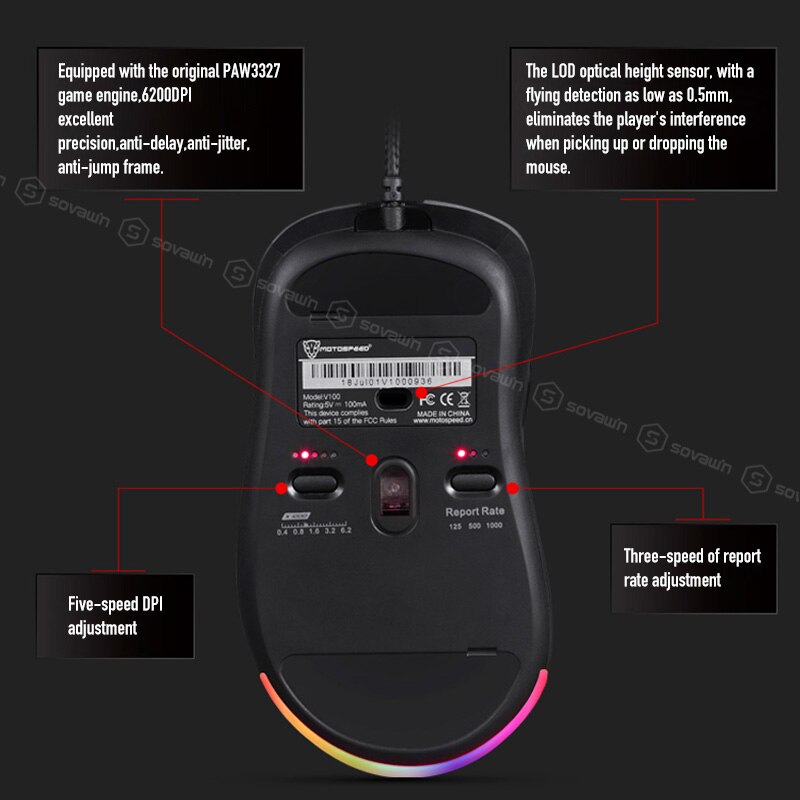 Original Motospeed V100 Wired Optical Gaming Mouse RGB Light Esport Game Computer Mouse USB 6200DPI for PC Laptop