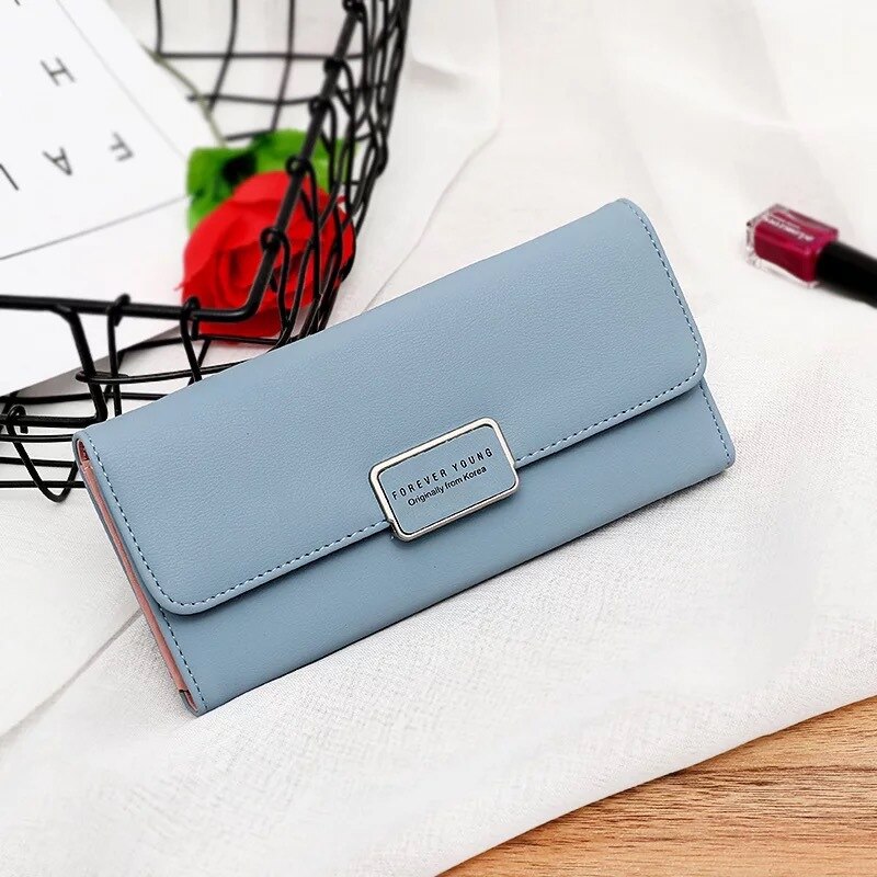 portefeuille pour femmes Simple Pu longue Tri-fold sac grande capacité Multi carte porte-bits étudiants femmes portefeuille porte-monnaie: Blue