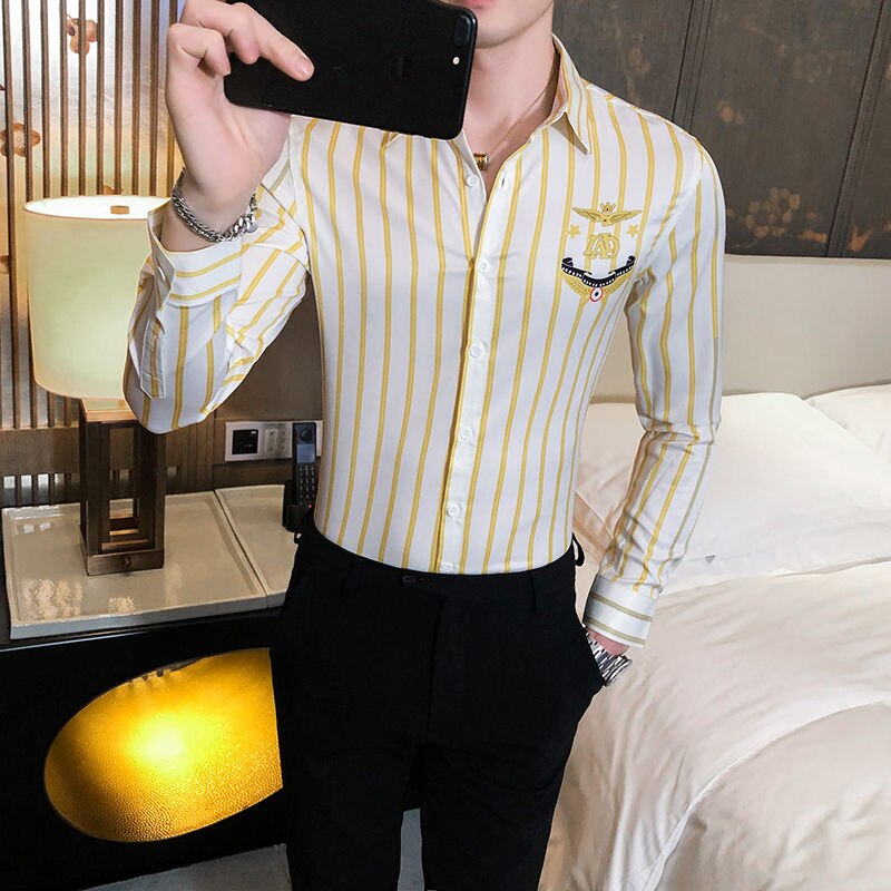 Casual gulrandig skjorta herr slim fit långärmad skjorta herr höstkläder kontor festskjorta herr: Citron gul / Xxxl