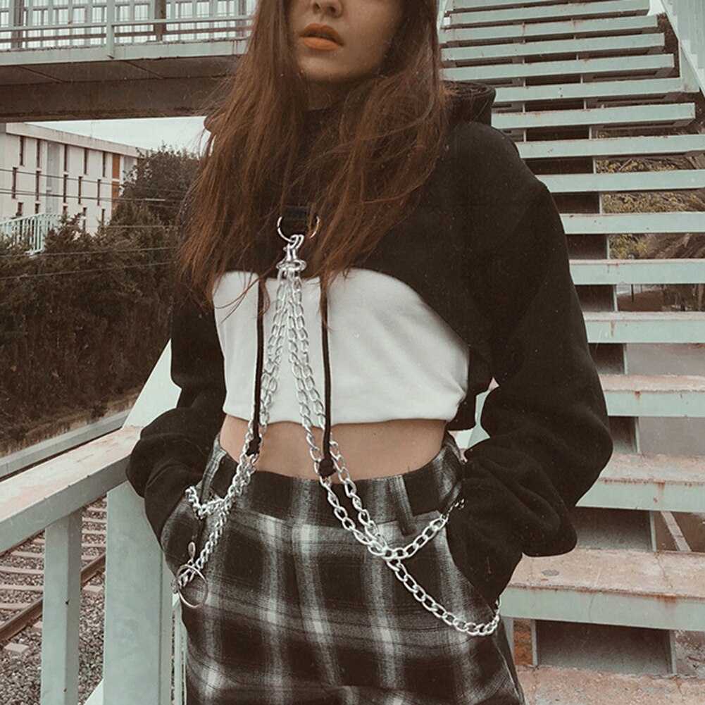 Cadena sudadera camiseta pantalón corto Casual sudaderas con capucha ropa de calle Punk suelto de manga larga de las mujeres costura Sudadera con capucha corta con capucha cosecha