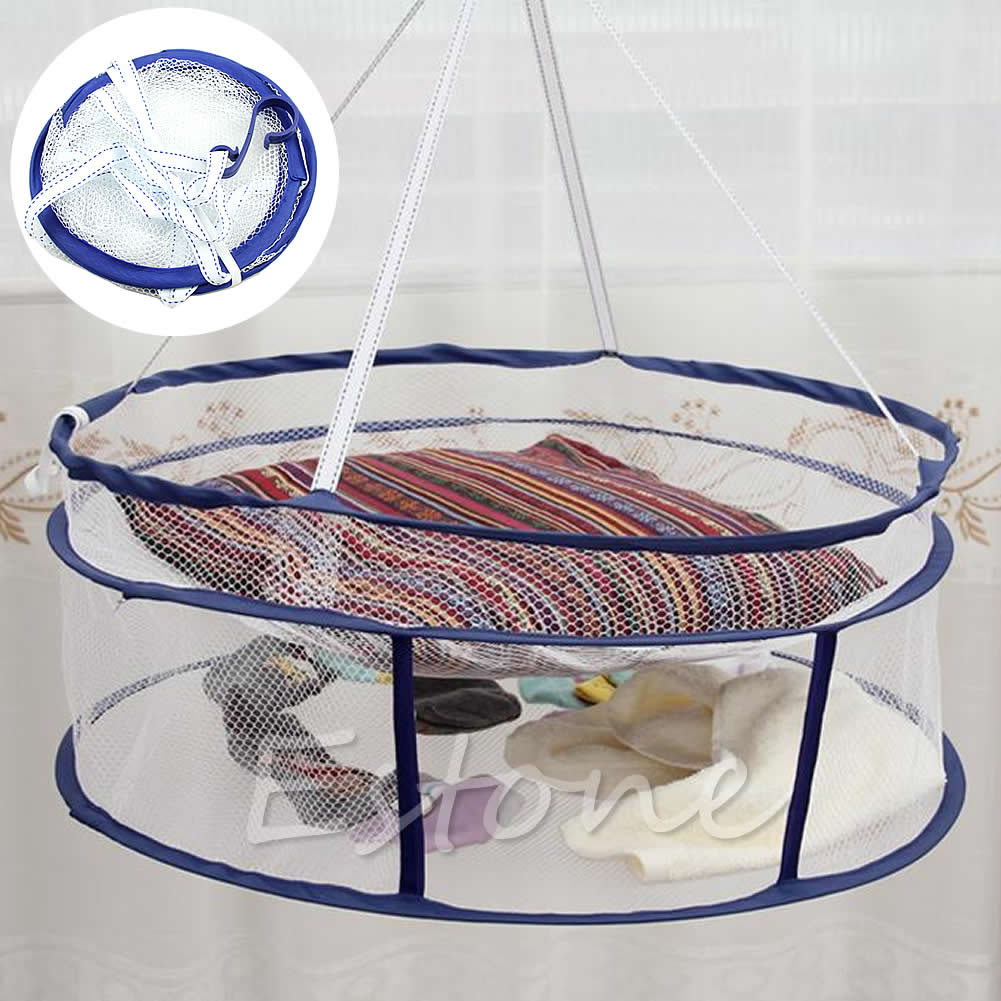 2 Layers Drying Rack Folding Hanging Clothes Underwear Laundry Basket Dryer Net X9FA