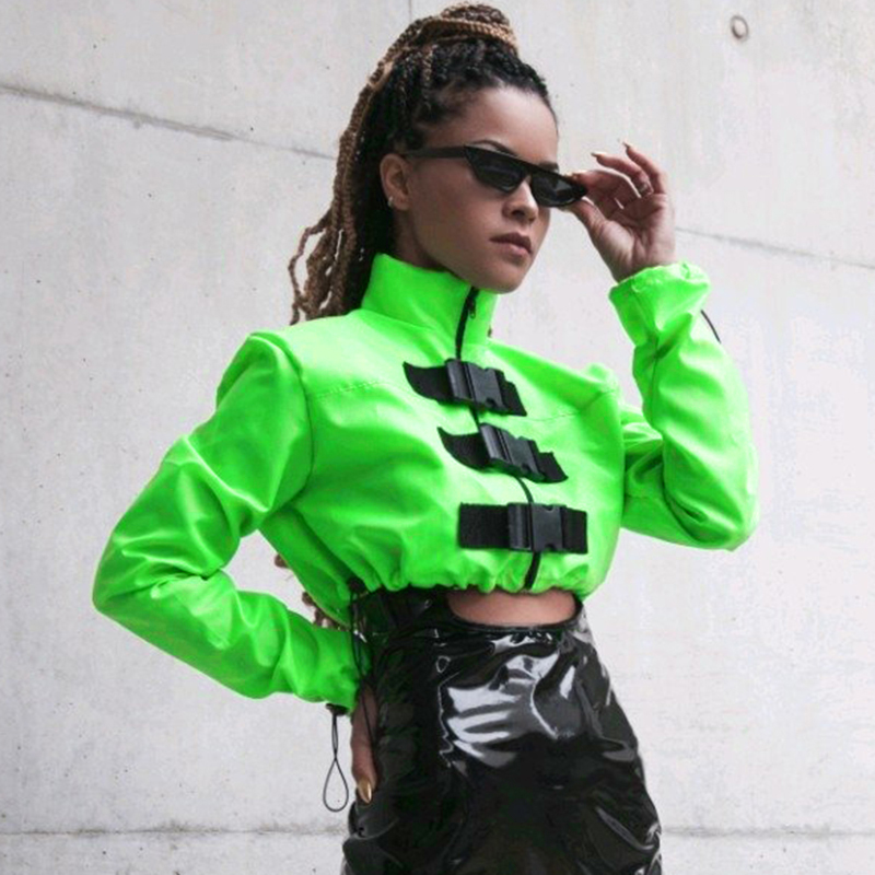 Neon Groene Vrouwen Korte Jas Rits Gesp Casual Windjack Lange Mouwen Elastische Trekkoord Jas Streetwear