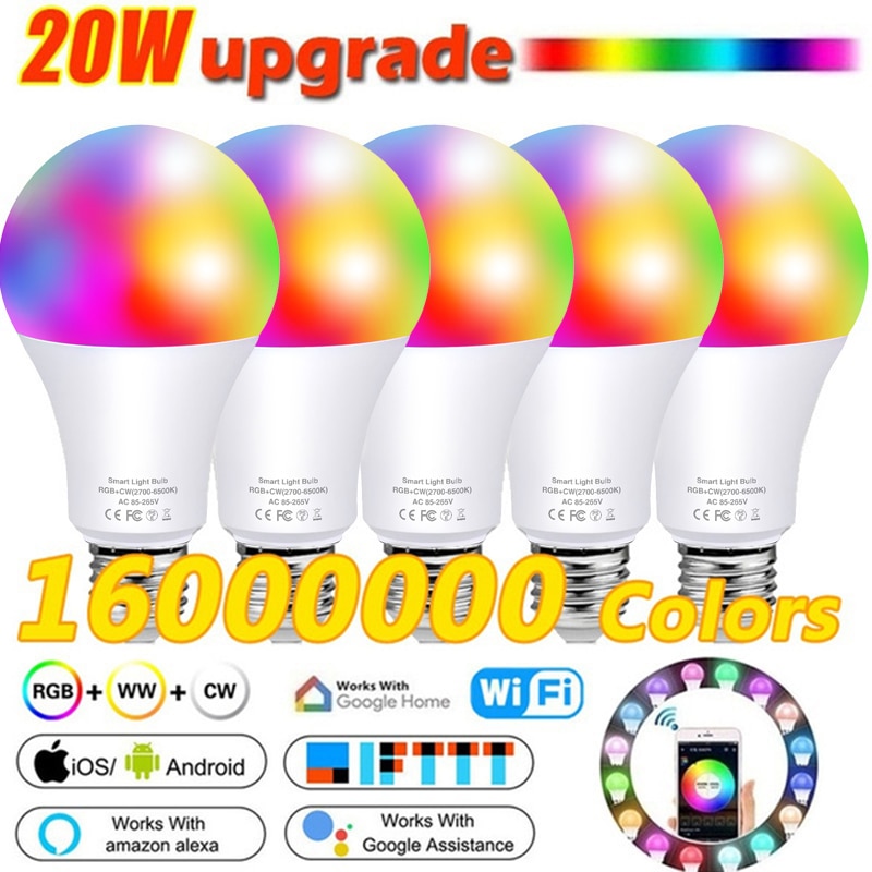 LED E27 Wireless Smart Light Bulb 20W AC85-265V RGBW APP Bluetooth LED WiFi or IR Remote RGB Dimmable Light Bulb Nightlight Lamp