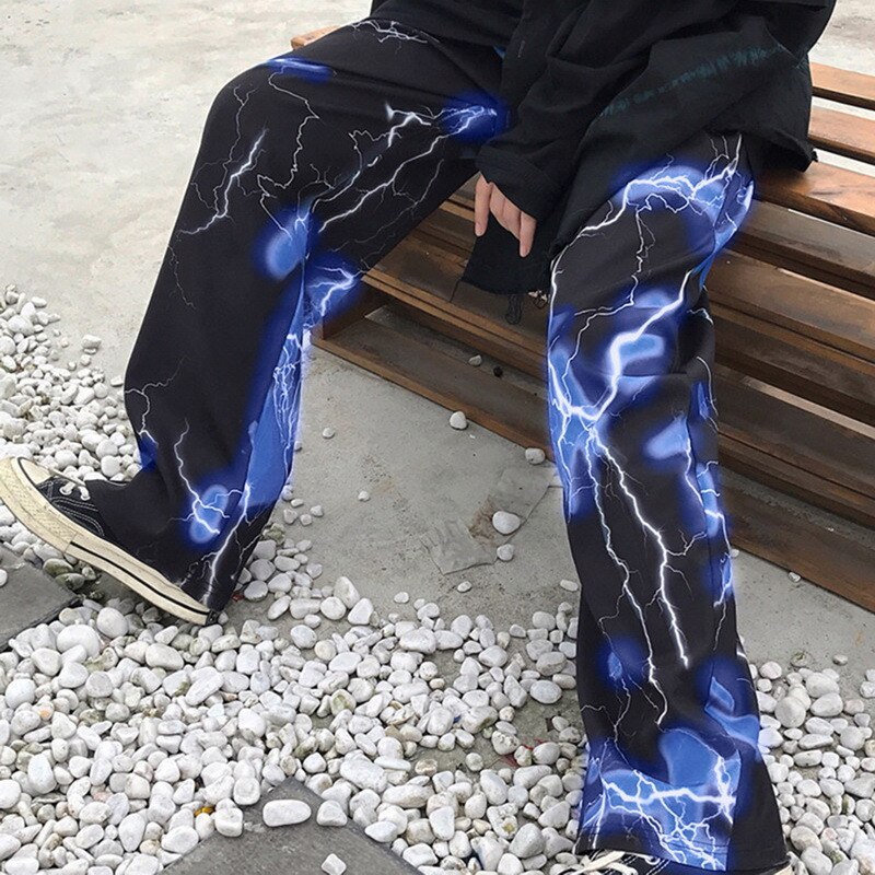 Harajuku Dark Straat Retro Bliksem Casual Broek Lente Mannen Losse Wijde Broek Broek Hip Hop Streetwear joggingbroek