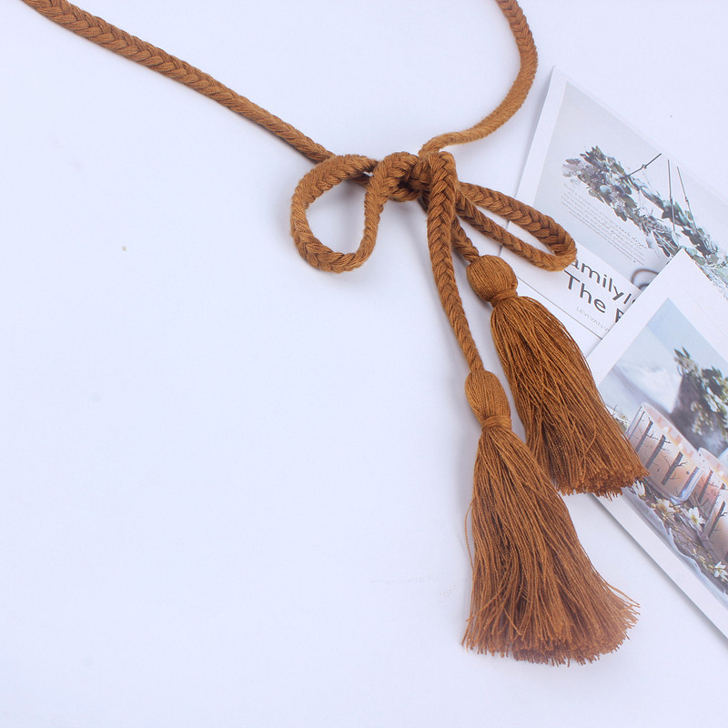Ceinture tressée à pompons pour femmes, , tissage torsadé, ceinture tricotée, ULdécorée pour robes, chemise marron, ficelle en coton noir