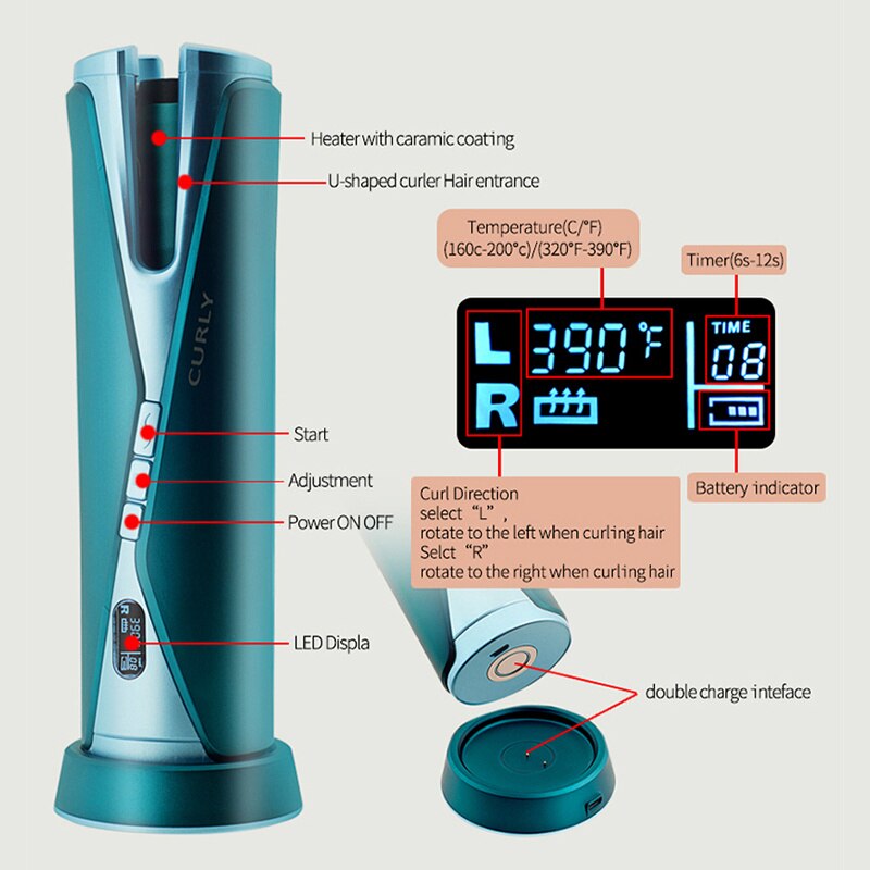 Automatic Hair Curler Ceramic Magic Iron Waves Multistyle Tools USB Rechargeable Rotating Curling LCD Display For Curly Machine