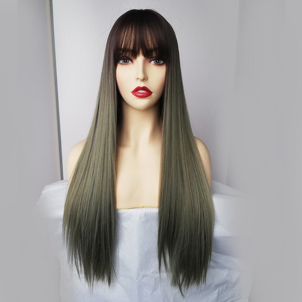 Lange lige kvinder syntetiske parykker med pandehår ombre brun blond naturlig daglig fest hår parykker varmebestandige fiber parykker: Lc240-1