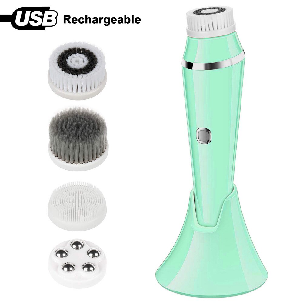 Gezichtsreiniging Borstel Oplaadbare Elektrische Spin Gezicht Borstel Waterdicht Gezicht Scrubber Massager met 4 Opzetborstels Facial Machine: NEW GREEN