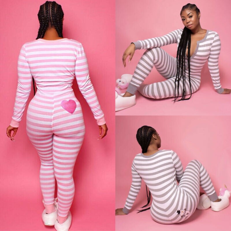 Women Button Neck Pajamas Bodysuit Casual Slim Jumpsuit Playsuit Christmas Long Sleeve Leotard Clubwear