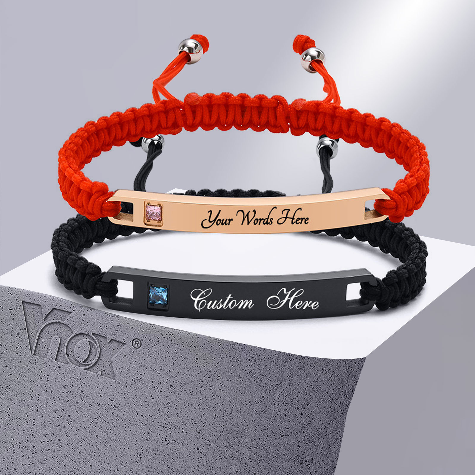 Vnox braccialetto coppia ID in acciaio inossidabile personalizzato gratuito per donna uomo, amanti della catena in corda intrecciata fatti a mano regolabili gioielli regalo BFF