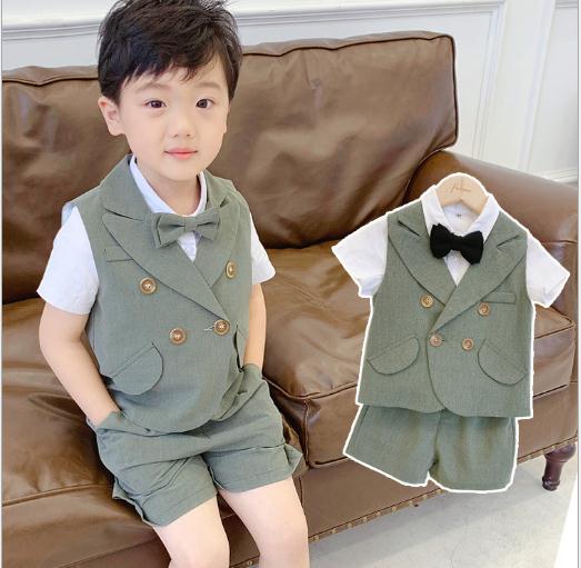 Sommer rutete klær gutter dresser til bryllup barn britisk vind bursdagskjole gutt herre dress barn klær vest bukse sett