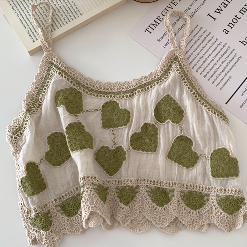 Camisola Vintage de lino y algodón para mujer, Top corto con tirantes finos y bordado de corazón a rayas, chaleco de ganchillo para playa