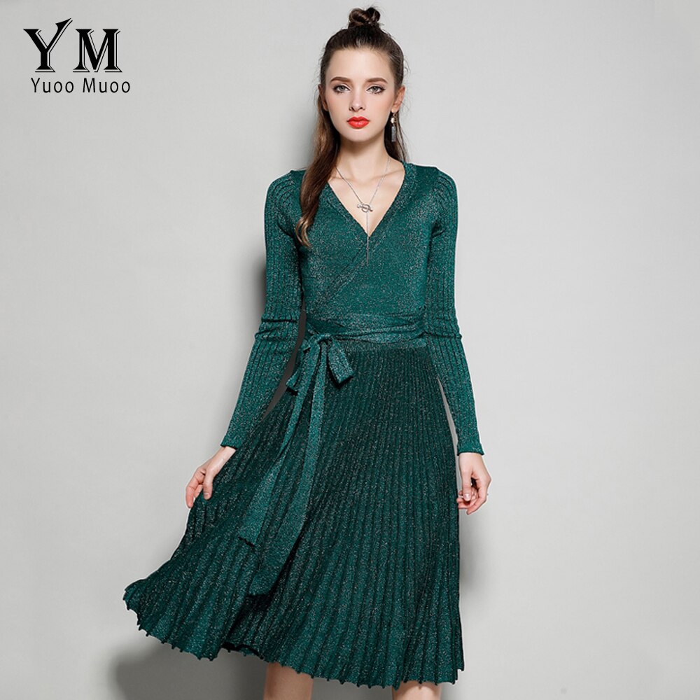 YuooMuoo Europese Stijl V-hals Elegante Vrouwen Herfst Jurk Shine Groene Gebreide Jurk Geplooide Winter Dames Jurk