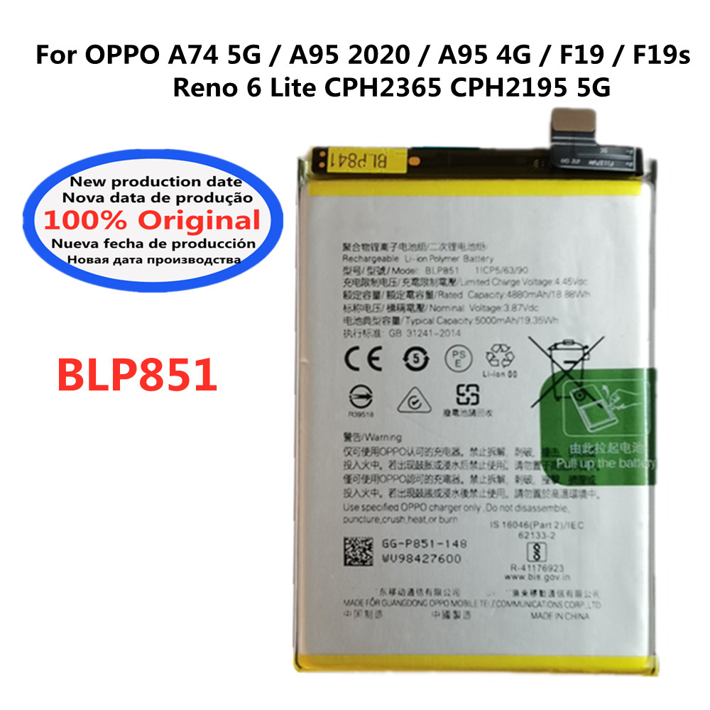 Original BLP851 Battery For OPPO A74 5G / A95 / A95 4G/ F19 / F19s / Reno 6 Lite CPH2365 CPH2195 5G Phone Batteries Bateria: RED