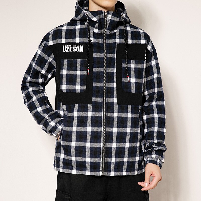 Riinr lente en herfst heren geruite ritsjas met capuchon, kort model, jeugd all-match, casual jas met tooling pocket, m -3xl: Wit / Ik