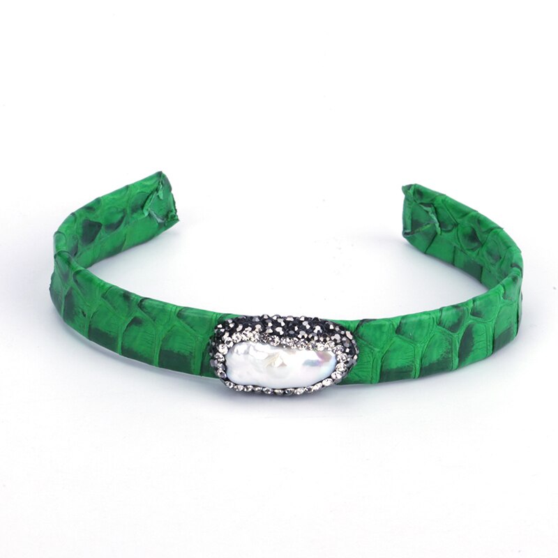 Natuurlijke Zoetwater Grote Parel Pave Rhinestone Charm Sieraden Green Real Lederen Wrap Verstelbare Open Armband Bangle Vrouwen: green