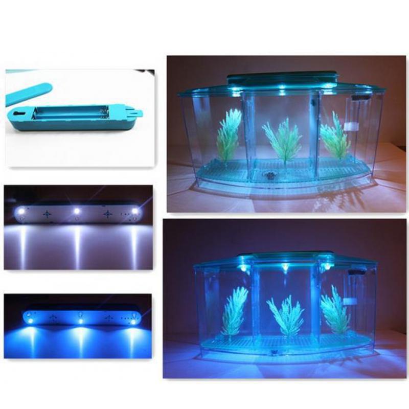 Acrylic Three Splits Aquarium Betta Fish Bowl Led Light Aquarium Hatchery Breeding Box Guppy Fish Tank Turtle Reptile House