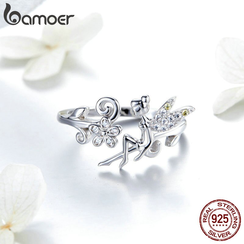 BAMOER 925 Sterling Silver Fairy &amp; Daisy Flower Open Size Finger Rings Women Wedding Engagement Jewelry BSR025